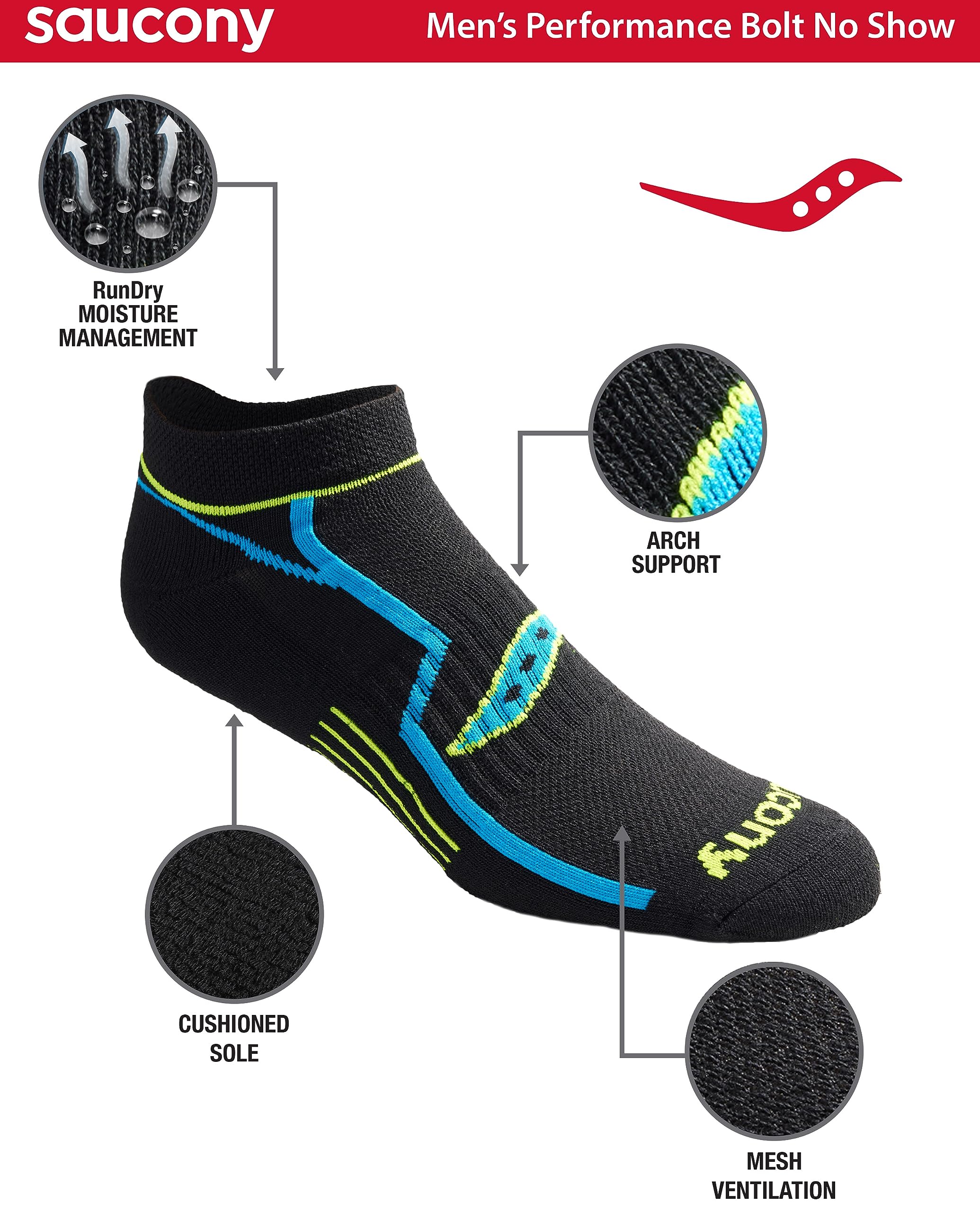 Saucony Men's Rundry Bolt Performance No-Show Socks, Available in M-XXL (6, 12, 18, Black (6 Pairs), XX-Large