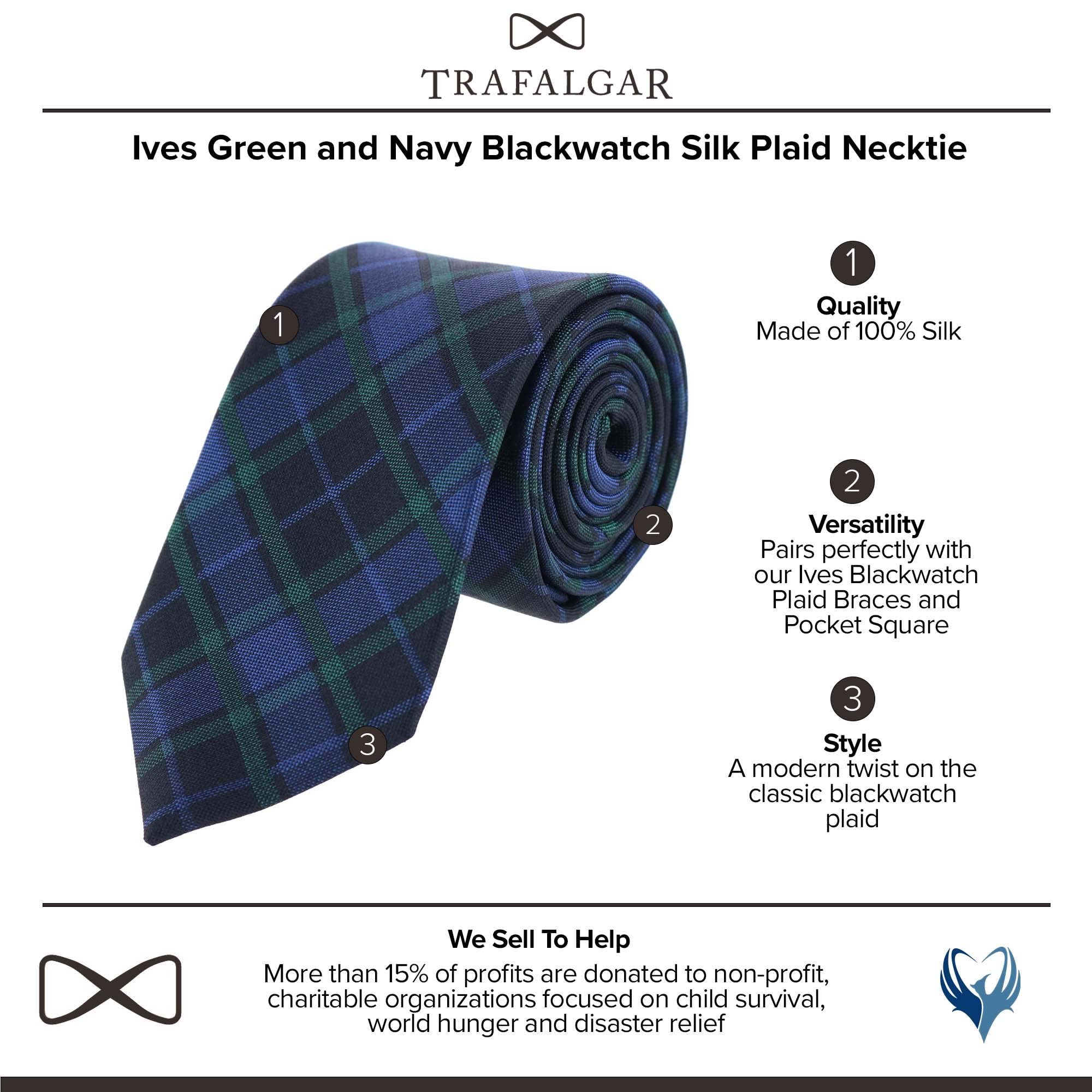 Trafalgar Men's Ives Green and Navy Blackwatch Plaid Silk Necktie, Green and