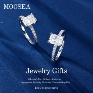 MOOSEA 2ct Moissanite Engagement Rings for Women - Radiant Cut D Color VVS1 Clarity Lab Created Fake Diamond Ring Wedding Rings for Women 14K White Gold Plated Sterling Silver Moissanite Ring Jewelry