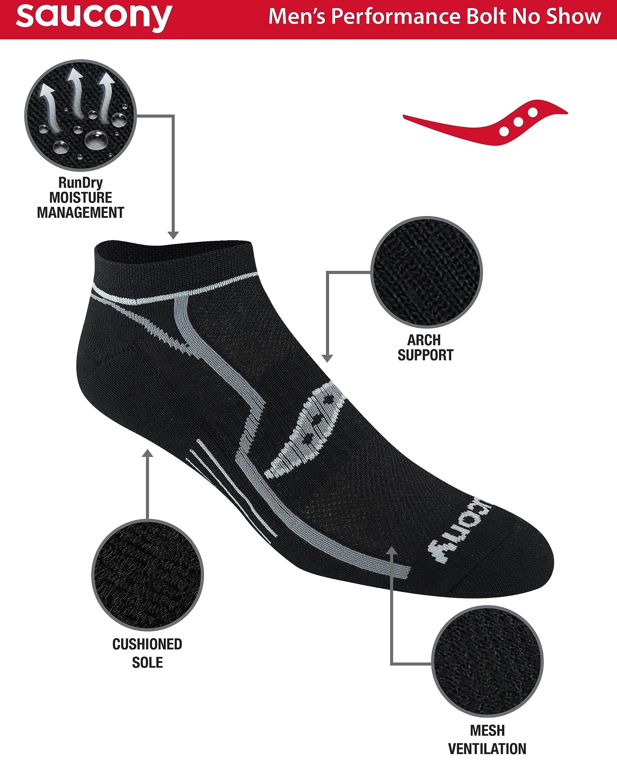 Saucony Men's Rundry Bolt Performance No-Show Socks, Available in M-XXL (6, 12, 18, Black Assorted (6 Pairs), XX-Large