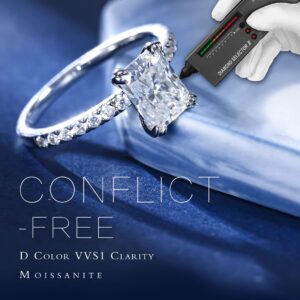 MOOSEA 2ct Moissanite Engagement Rings for Women - Radiant Cut D Color VVS1 Clarity Lab Created Fake Diamond Ring Wedding Rings for Women 14K White Gold Plated Sterling Silver Moissanite Ring Jewelry