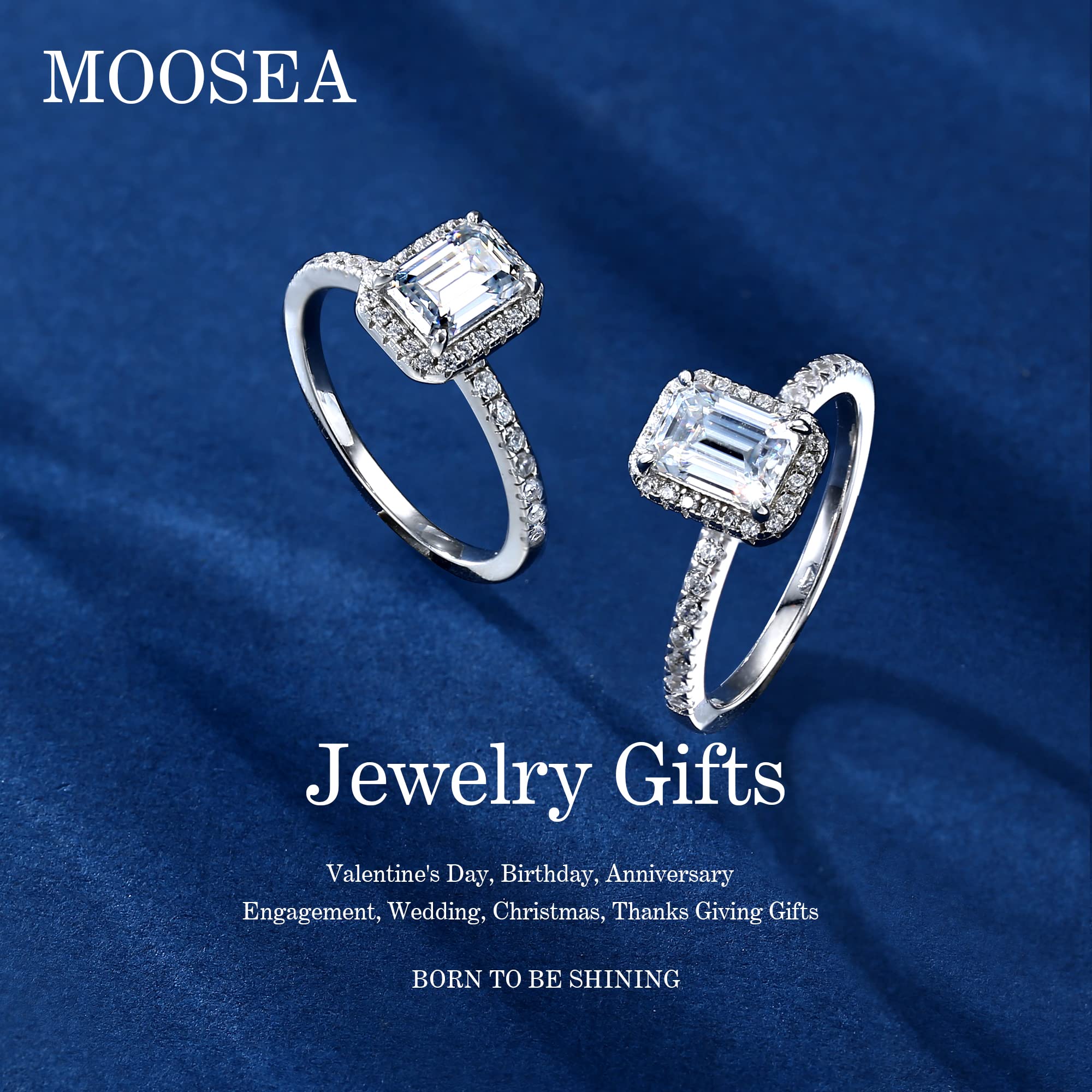 MOOSEA 1.5ct Emerald Cut Moissanite Promise Rings for Her, D Color VVS1 Clarity Lab Created Diamond Wedding Rings 14K White Gold Vermeil Moissanite Engagement Rings for Women Gifts