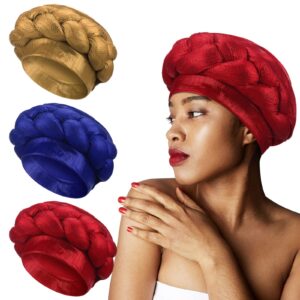 jenpen 3 pcs african turban head wrap for women pre tied african braid turban beanie cap stretchy crystals sequin twisted head turbans for women and girls, 3 colors