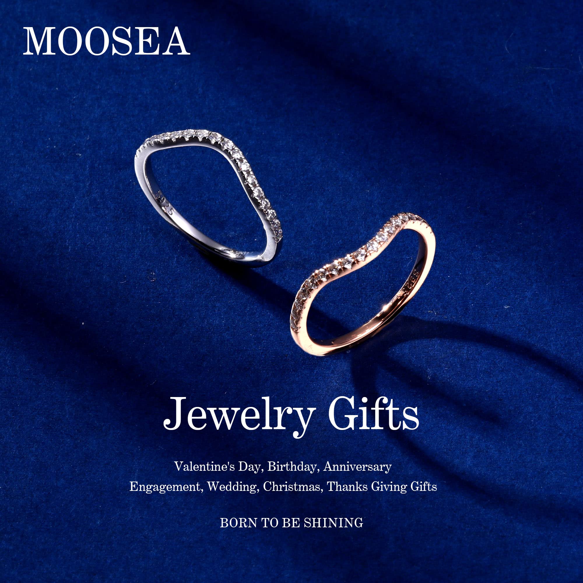 MOOSEA 1.8mm Moissanite Curved Wedding Band for Women, D Color VVS1 Clarity Lab Created Diamond Rings 14K Rose Gold Vermeil Moissanite Contour Stackable Rings for Women Anniversary Jewelry Gifts