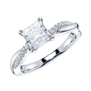 14k white gold 4-prong petite twisted vine 1ct princess cut genuine moissanite engagement ring promise bridal ring (8.5)