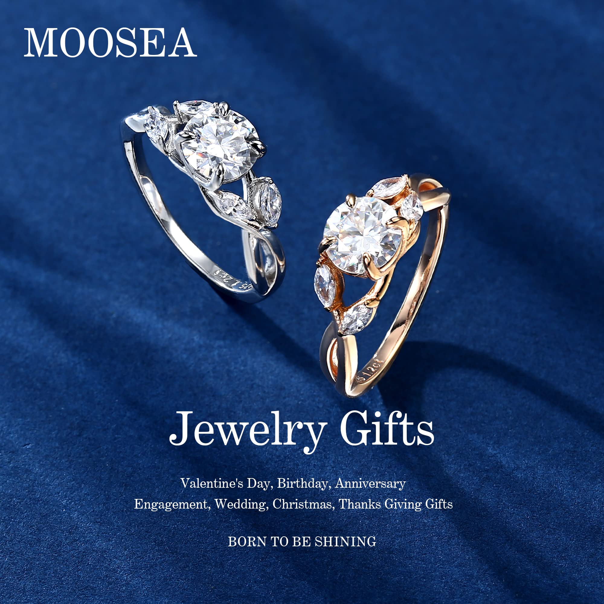 MOOSEA Moissanite Willow Engagement Rings for Women, 1.2ct Round D Color VVS1 Clarity Lab Created Diamond Wedding Rings 14K White Gold Vermeil Moissanite Diamond Promise Rings for Her Jewelry Gifts