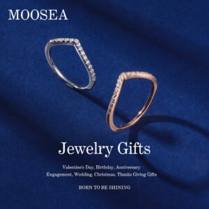 MOOSEA Moissanite Wishbone Wedding Band for Women, D Color VVS1 Clarity Lab Created Diamond Rings 14K Yellow Gold Vermeil Moissanite Chevron Half Eternity Ring for Women Anniversary Jewelry Gifts