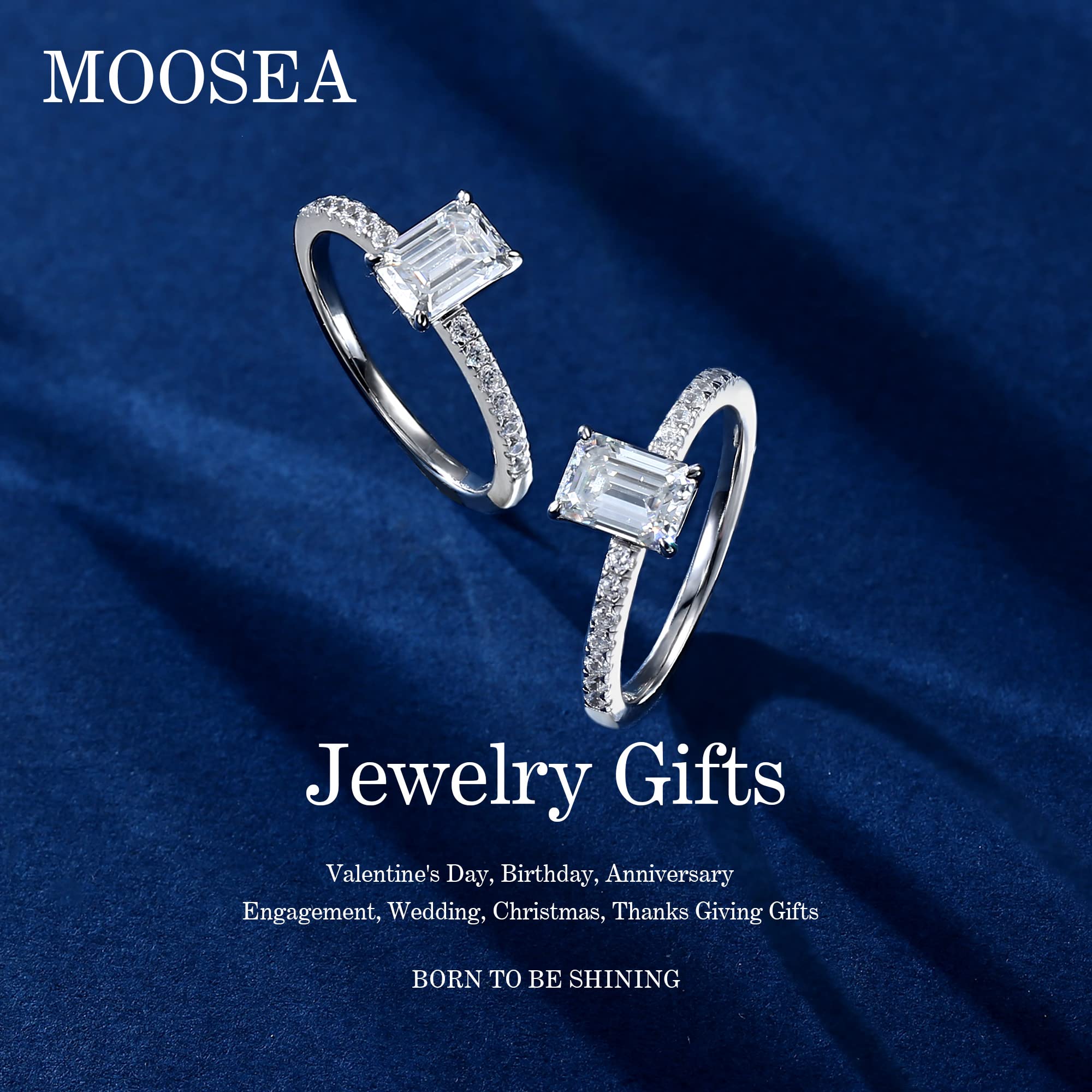 MOOSEA Moissanite Anniversary Rings for Women, 1ct Emerald Cut D Color VVS1 Clarity Lab Created Diamond Wedding Rings 14K White Gold Vermeil Moissanite Engagement Rings for Women with Sidestone