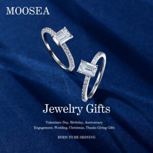 MOOSEA Moissanite Engagement Rings for Women, 1ct D Color VVS1 Clarity Emerald Cut Lab Created Diamond Wedding Rings 14K White Gold Vermeil Moissanite Promise Rings for Her Wedding Rings for Women