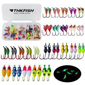 thkfish 50pcs/box ice fishing jigs set lures walleye jigs heads for ice fishing gear kit panfish crappie perch jigs ice fishing box b