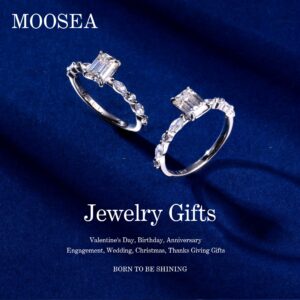 MOOSEA Moissanite Emerald Versailles Engagement Rings for Women, Brilliant D Color VVS1 Clarity Lab Created Diamond Wedding Rings 14K White Gold Vermeil Moissanite Anniversary Rings for Her Gifts