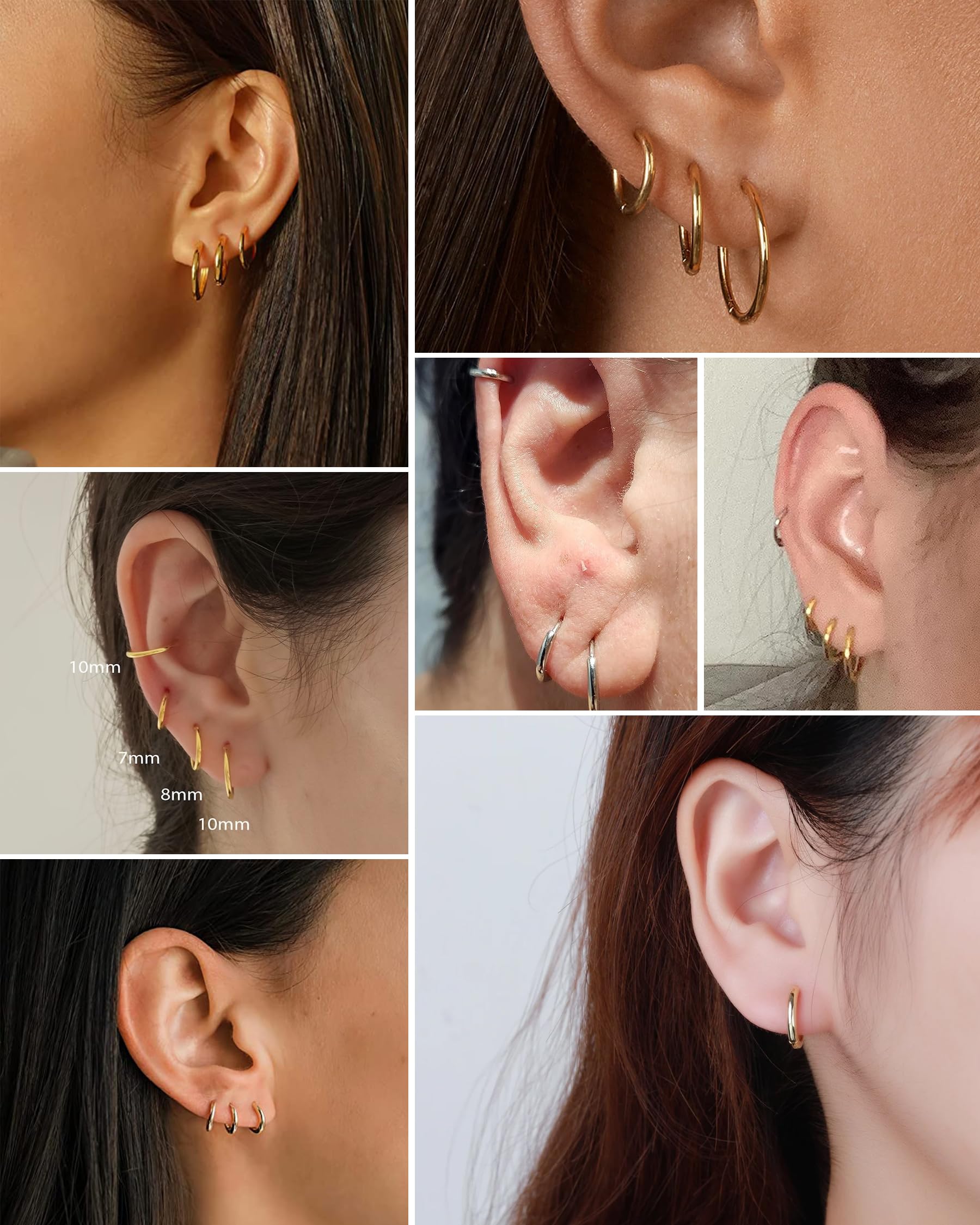 Jewseen 14K Gold Tiny Hoop Earrings Huggie Hoop Earrings 20G Small Endless Hinged Hoops for Earlobe 6mm 8mm 10mm Septum Hoop Septum Ring Cartilage Helix Earrings Nose Hoop for Women Men