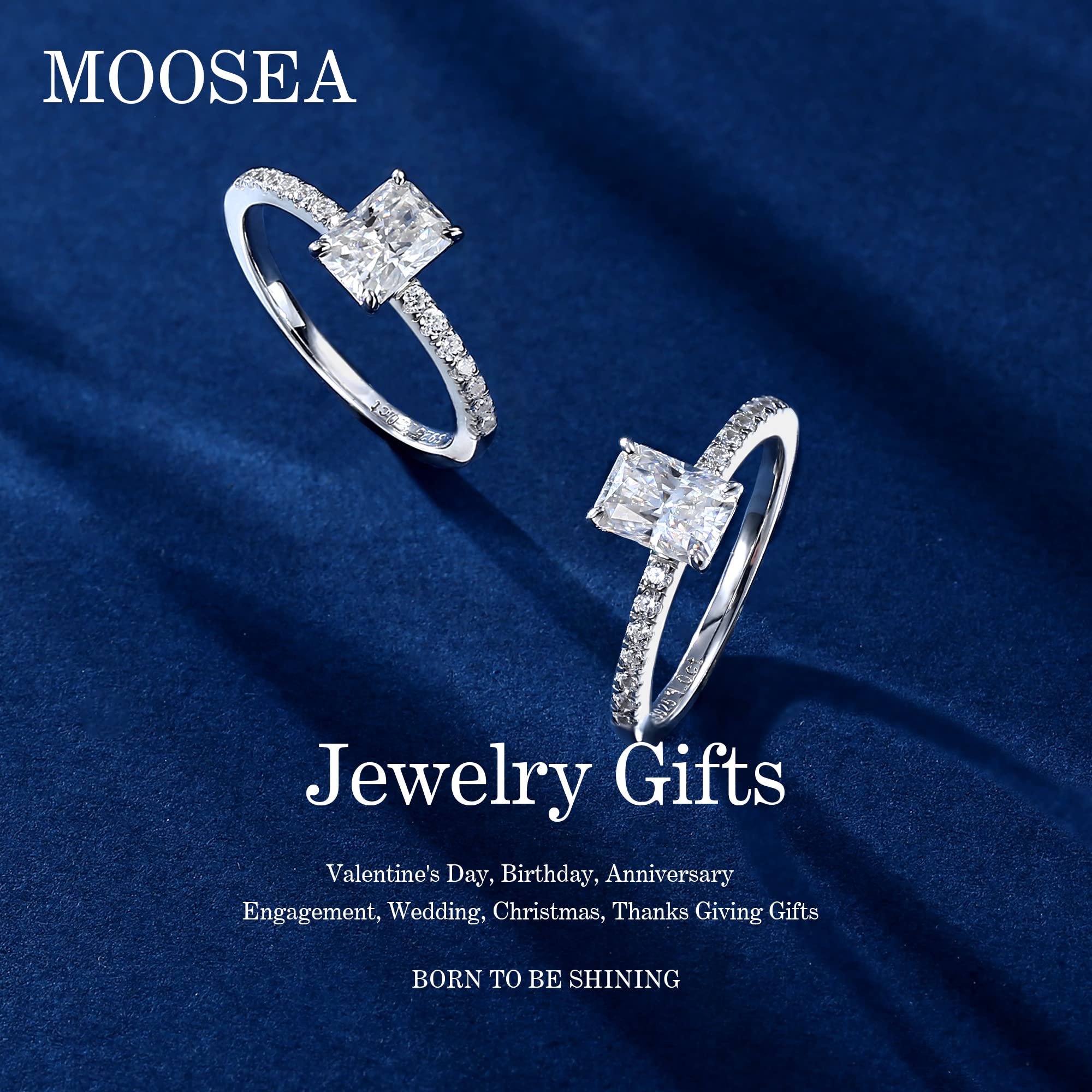 MOOSEA 1 ct Moissanite Ring for Women, D Color VVS1 Clarity Radiant Cut Lab Created Diamond Engagement Ring 14K White Gold Vermeil Moissanite Solitaire Wedding Rings for Women Wife Girlfriend Gifts