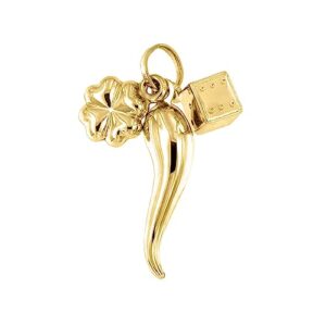 Lucchetta - Italian Horn Pendant with Dice and Clover - Lucky Charm Jewelry 14 kt Yellow Gold, Womens 14k Charms for Necklaces up to 4mm, Authentic Fine Jewelry from Italy