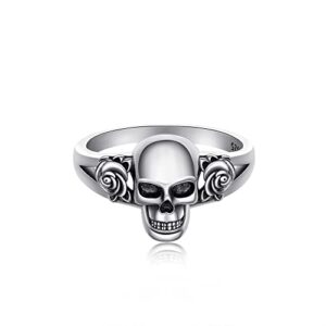 CUPENDA Skull Rings 925 Sterling Silver Gothic Skull Head with Rose Flower Statement Ring Vintage Skeleton Jewelry for Women -7