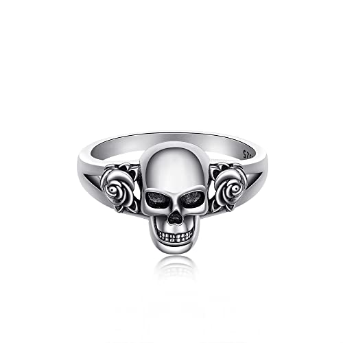 CUPENDA Skull Rings 925 Sterling Silver Gothic Skull Head with Rose Flower Statement Ring Vintage Skeleton Jewelry for Women -7