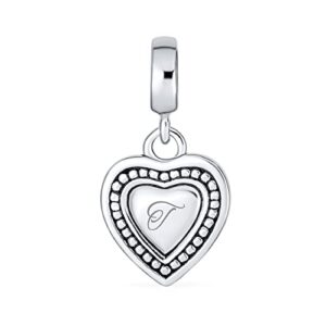 vintage style personalized gift dangle script initial alphabet letter t heart charm bead for women for teen solid .925 sterling silver fits european bracelet custom engraved