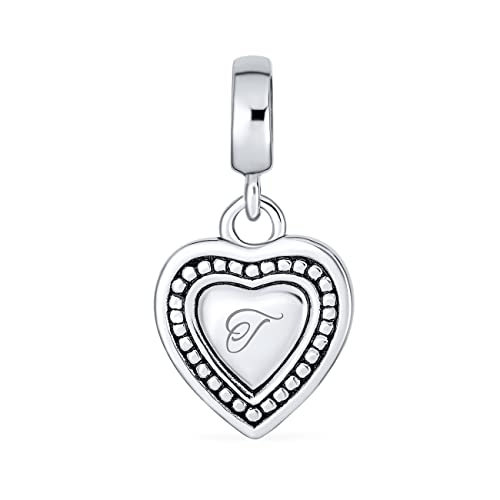 Vintage Style Personalized Gift Dangle Script Initial Alphabet Letter T Heart Charm Bead For Women For Teen Solid .925 Sterling Silver Fits European Bracelet Custom Engraved