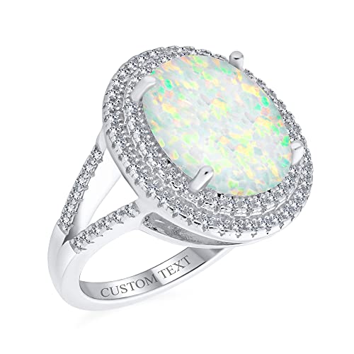 Personalize Vintage Style Gemstone Iridescent White Created Opal LARGE Oval Split Shank Pave CZ Accent Double Halo Statement Ring Women .925 Sterling Silver October Birthstone Customizable