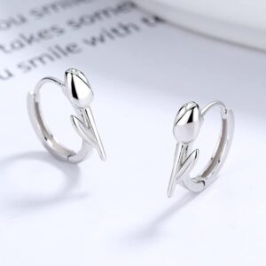 Minimalist Tulip Flower Small Hoop Earrings Sterling Silver 925 Cartilage Earrings Round Huggie Hoops Hinged Hypoallergenic Ear Jewelry Gifts for Women (White Gold)