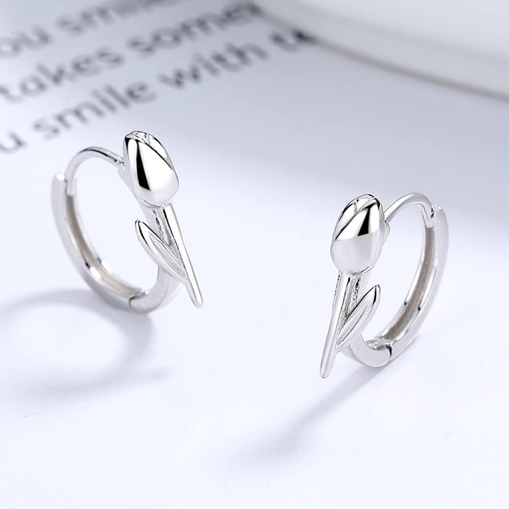 Minimalist Tulip Flower Small Hoop Earrings Sterling Silver 925 Cartilage Earrings Round Huggie Hoops Hinged Hypoallergenic Ear Jewelry Gifts for Women (White Gold)