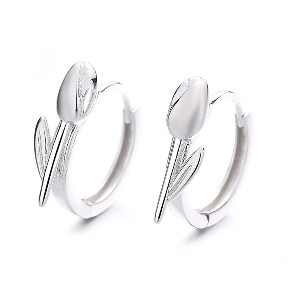 Minimalist Tulip Flower Small Hoop Earrings Sterling Silver 925 Cartilage Earrings Round Huggie Hoops Hinged Hypoallergenic Ear Jewelry Gifts for Women (White Gold)