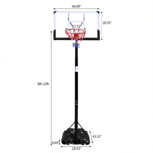 Ktaxon 8-10Ft Height Adjustable Basketball Hoop, 44 Inch Portable PC Backboard System, Adults & Youths Basketballs Goal Set W/Fillable Base, Nylon Net for Indoor Outdoor