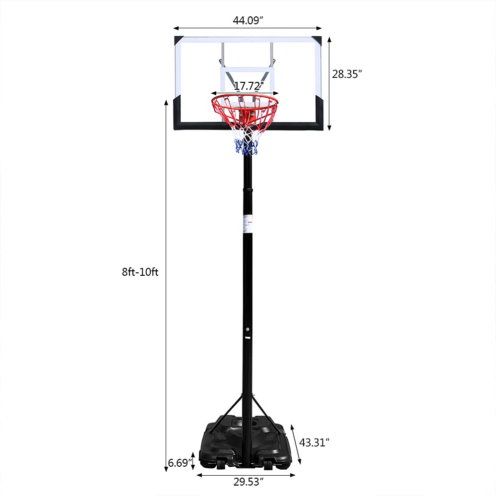 Ktaxon 8-10Ft Height Adjustable Basketball Hoop, 44 Inch Portable PC Backboard System, Adults & Youths Basketballs Goal Set W/Fillable Base, Nylon Net for Indoor Outdoor