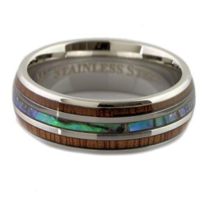 MJ Metals Jewelry Custom Engraved Stainless Steel 8mm Real Koa Wood and Abalone Inlay Ring Size 10.5