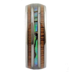 MJ Metals Jewelry Custom Engraved Stainless Steel 8mm Real Koa Wood and Abalone Inlay Ring Size 10.5