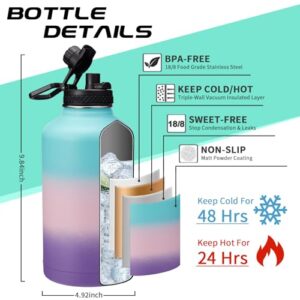 64OZ Insulated Water-Bottle with Paracord-Handle - Half Gallon Water Bottle Jug with Straw & Spout Lids, Bottle Sleeve & Boot, Keep Cold-48h Hot-24h for Fitness Outdoor Camping Hunting, Hiking