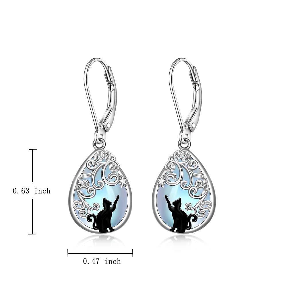 Cat Earrings Moonstone Filigree Earrings for Women Sterling Silver Teardrop Moonstone Black Cat Earring Dangle Cats Jewelry Cute Valentines Christmas Gifts