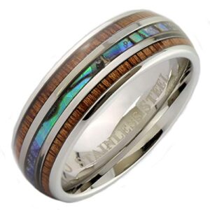 mj metals jewelry custom engraved stainless steel 8mm real koa wood and abalone inlay ring size 10.5