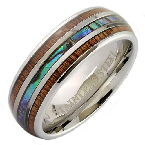 MJ Metals Jewelry Custom Engraved Stainless Steel 8mm Real Koa Wood and Abalone Inlay Ring Size 10.5