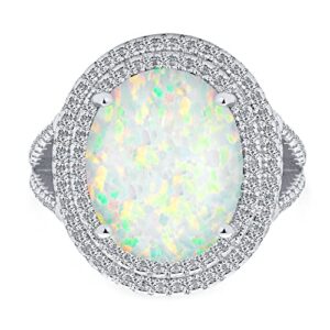 personalize vintage style gemstone iridescent white created opal large oval split shank pave cz accent double halo statement ring women .925 sterling silver october birthstone customizable