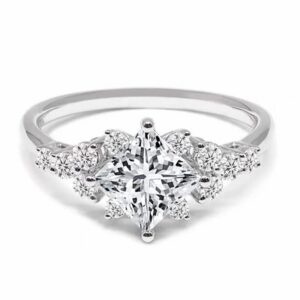 Unique Engagement Rings for Women Princess Cut 1-1/3 Carat(ctw) Moissanite Engagement Ring Platinum Plated Silver 10K 14K 18K Gold Wedding Anniversary Promise Rings with Text Engraving(Platinum Plated Silver)