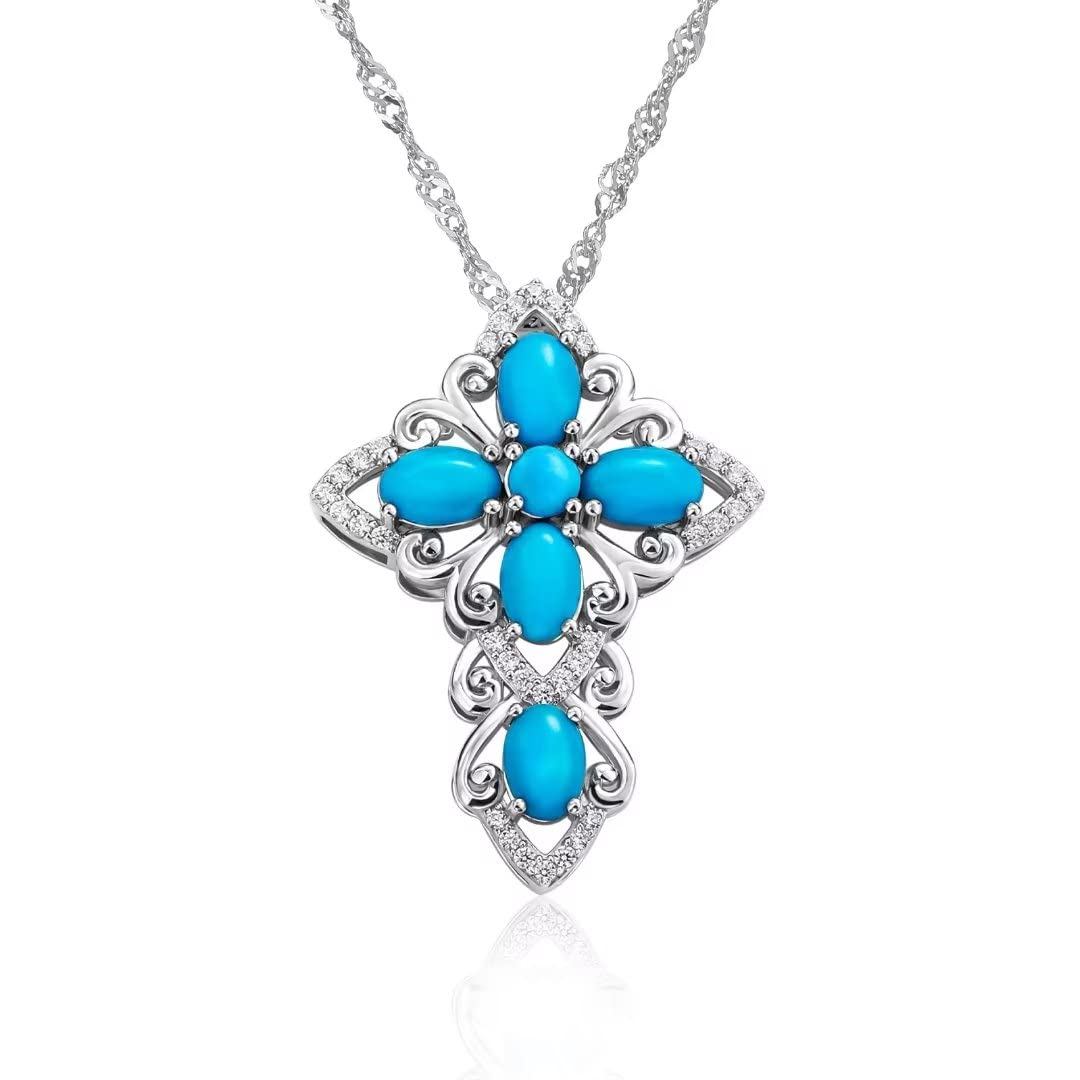 supermodel Celtic Cross Necklace Natural Turquoise Pendant Necklace for Women 925 Sterling Silver 18 Inches Chain Religious Jewelry