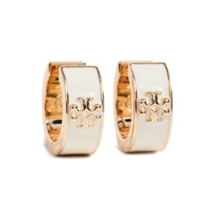 Tory Burch Women's Kira Enamel Huggie Hoop Earrings, Tory Gold/New Ivory, One Size