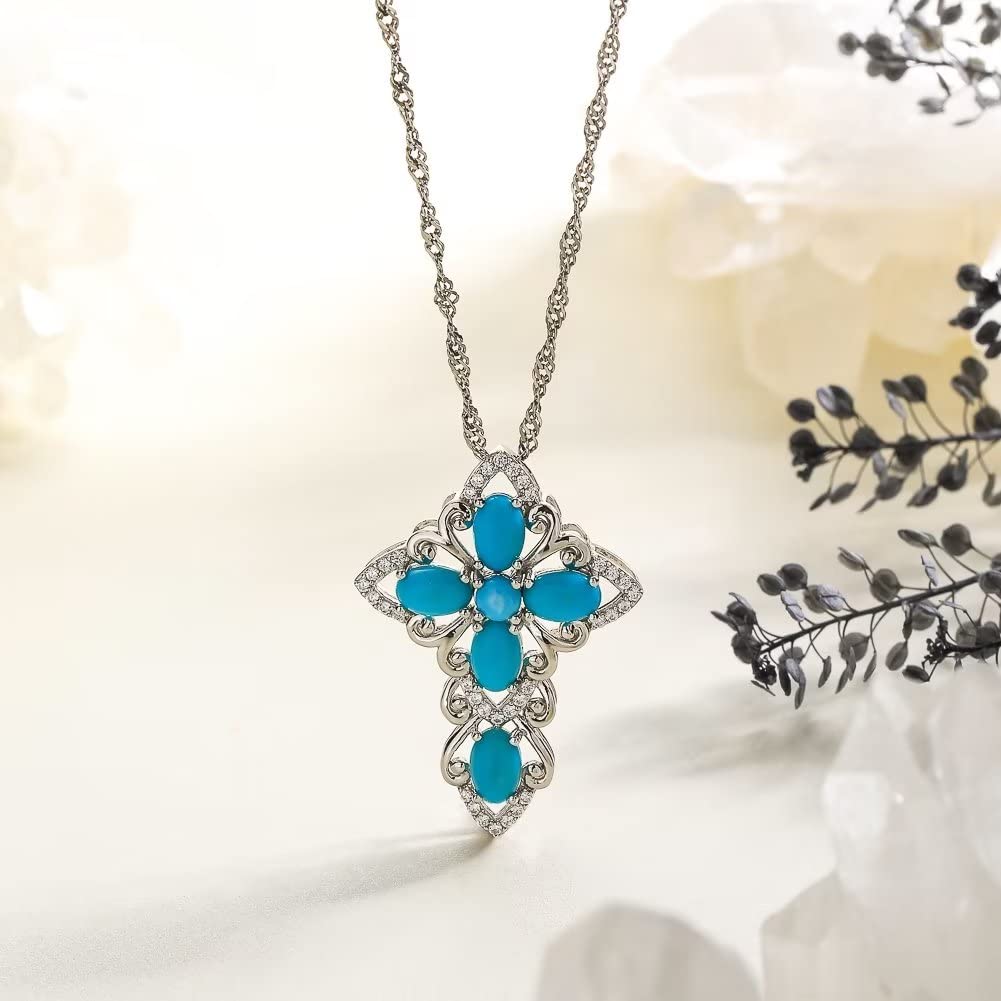 supermodel Celtic Cross Necklace Natural Turquoise Pendant Necklace for Women 925 Sterling Silver 18 Inches Chain Religious Jewelry