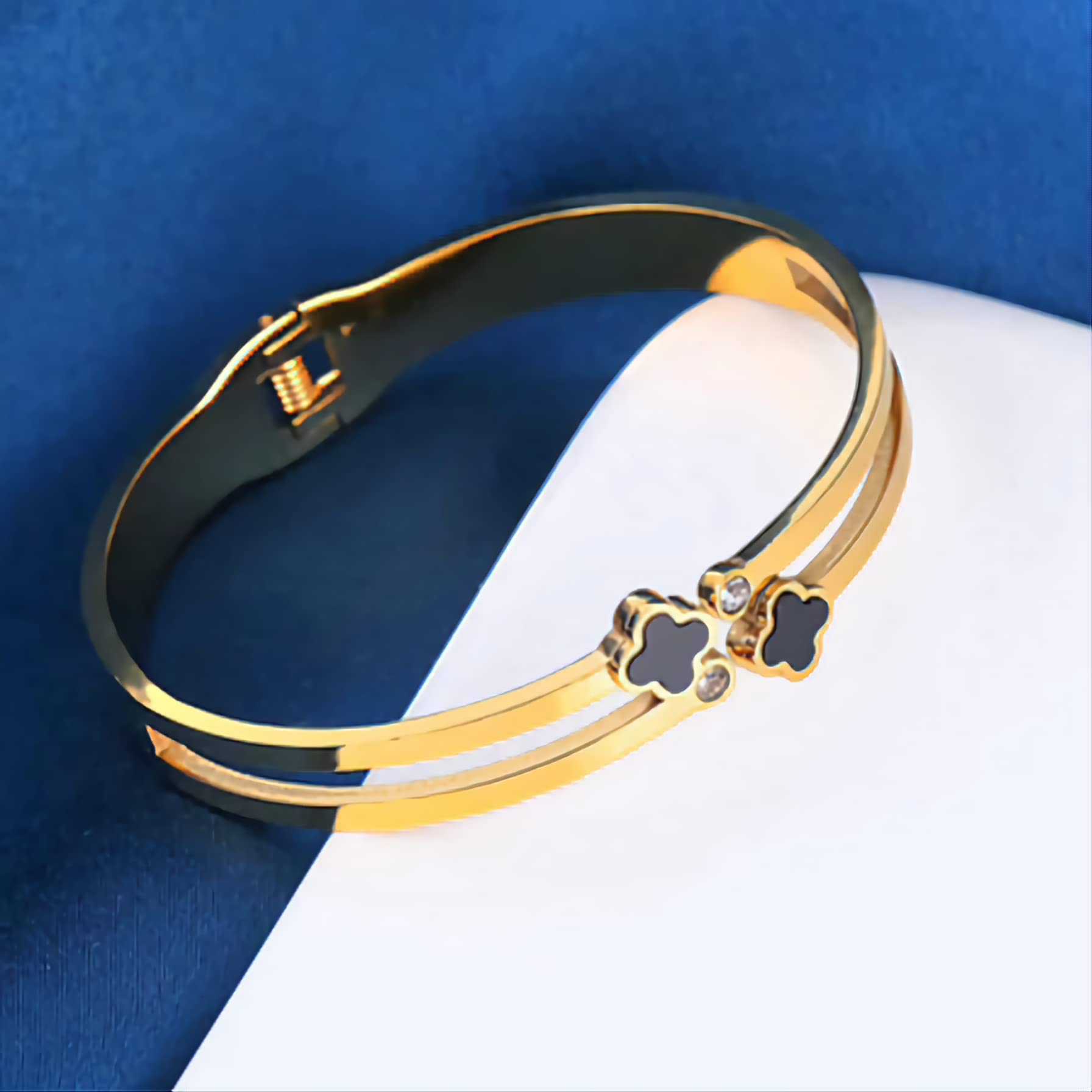 Dainty Clover Bangle Bracelet Stainless Steel Gold Plated With Crystal Accents