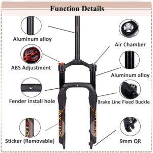 BUCKLOS 20 inch Air MTB Suspension Fork 4.0 Fat Tire, 140mm Travel Spacing Hub 135mm 1 1/8 Straight Tube Manual Lockout 9mm QR Mountain Bike Front Forks, fit Snow Beach XC E-Bikes ect.