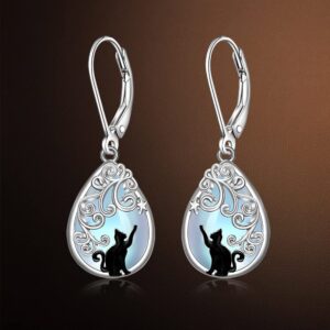 Cat Earrings Moonstone Filigree Earrings for Women Sterling Silver Teardrop Moonstone Black Cat Earring Dangle Cats Jewelry Cute Valentines Christmas Gifts