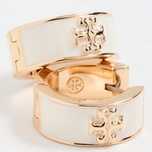 Tory Burch Women's Kira Enamel Huggie Hoop Earrings, Tory Gold/New Ivory, One Size