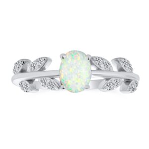 dainty gemstone oval white created opal center cubic zirconia open leaves leaf cz accent ring western jewelry for women .925 sterling silver october birthstone