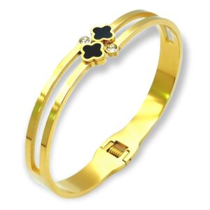 dainty clover bangle bracelet stainless steel gold plated with crystal accents