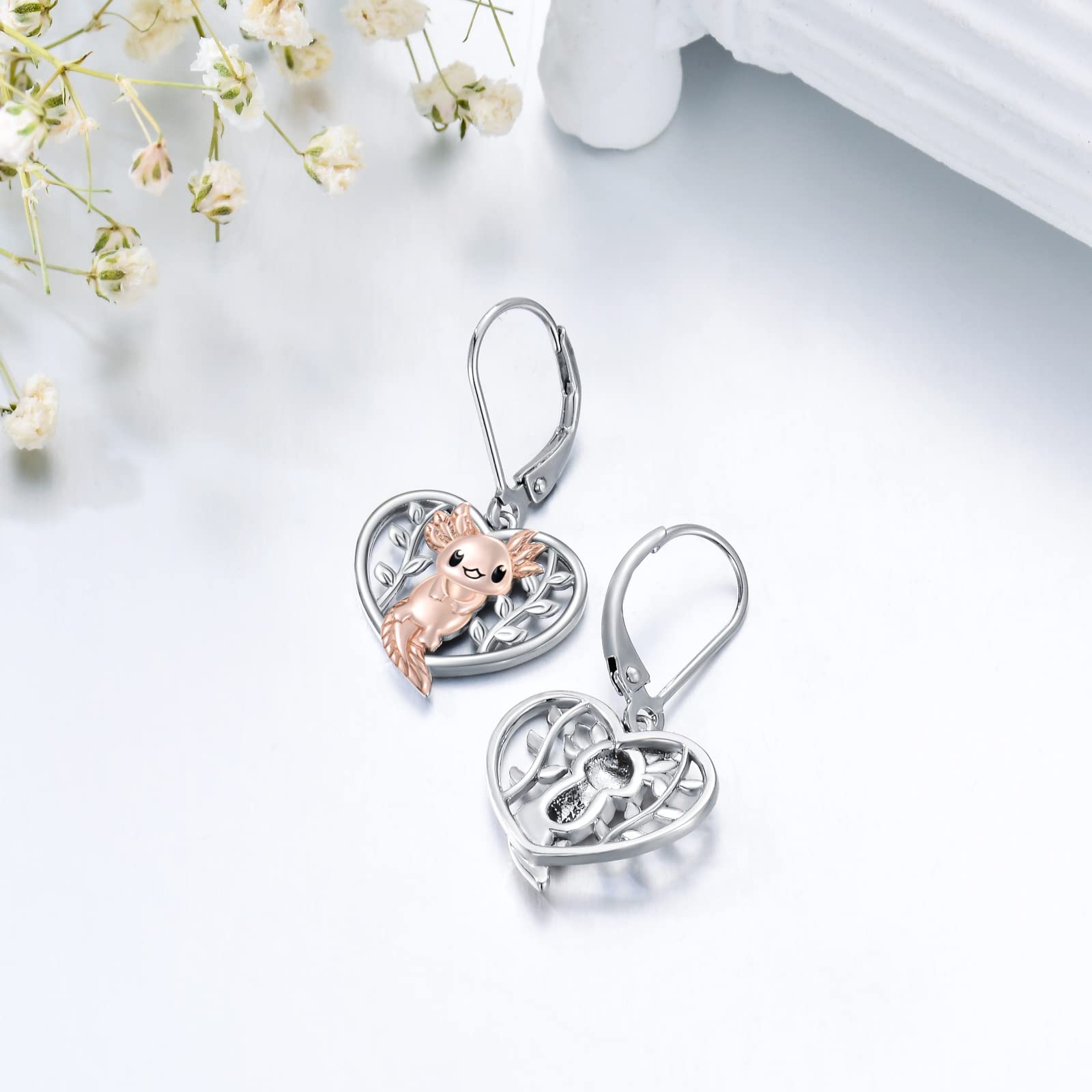 VONALA Axolotl Earrings 925 Sterling Silver Salamander Heart Dangle Dangling Drop Charm Leverback Earrings Animal Mexican Jewelry Gifts for Women