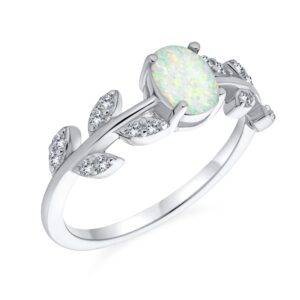 Dainty Gemstone Oval White Created Opal Center Cubic Zirconia Open Leaves Leaf CZ Accent Ring Western Jewelry For Women .925 Sterling Silver October Birthstone