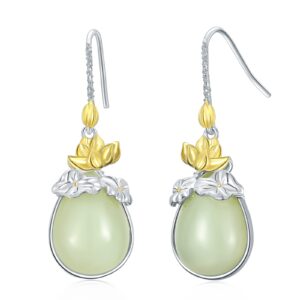 JKR Jade Earrings for Women Sterling Silver Lotus Flower Earrings Teardrop Jade lotus Drop Earrings Jewelry Birthday Christmas Gifts for Women Mom Wife Girls