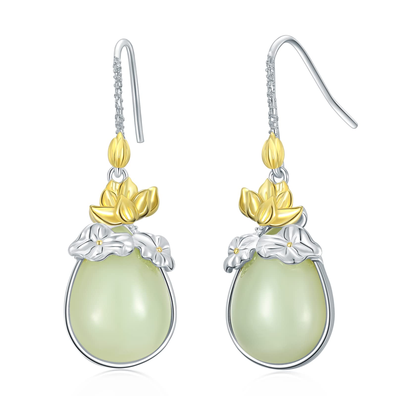 JKR Jade Earrings for Women Sterling Silver Lotus Flower Earrings Teardrop Jade lotus Drop Earrings Jewelry Birthday Christmas Gifts for Women Mom Wife Girls