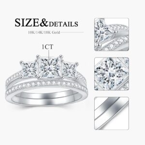 Princess Cut Wedding Ring Set for Women White Gold 3 Stone Moissanite Bridal Ring Set Engagement Ring Set 10K 14K 18K Gold Anniversary Promise Rings for Her with Text Engraving（10K